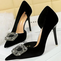Women 10.5cm Super High Heels Pointed Toe Side Hollow Work Pumps Metal Crystal Buckle Velvet Stiletto Fashion Banquet Lady Shoes