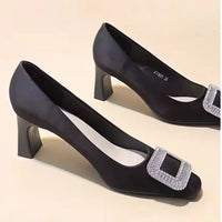 Black Work Shoes Women's Slip-On Chunky Heel Medium Heel Versatile Boat Shoes Square Buckle Rhinestone Single Shoes