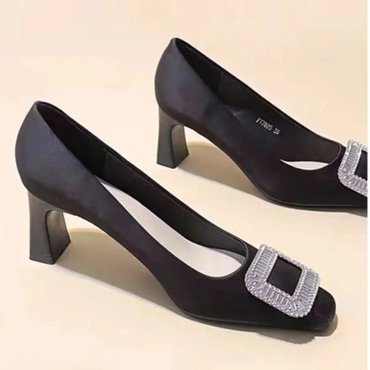 Black Work Shoes Women's Slip-On Chunky Heel Medium Heel Versatile Boat Shoes Square Buckle Rhinestone Single Shoes Natalia Home Fashion    Natalia Home Fashion