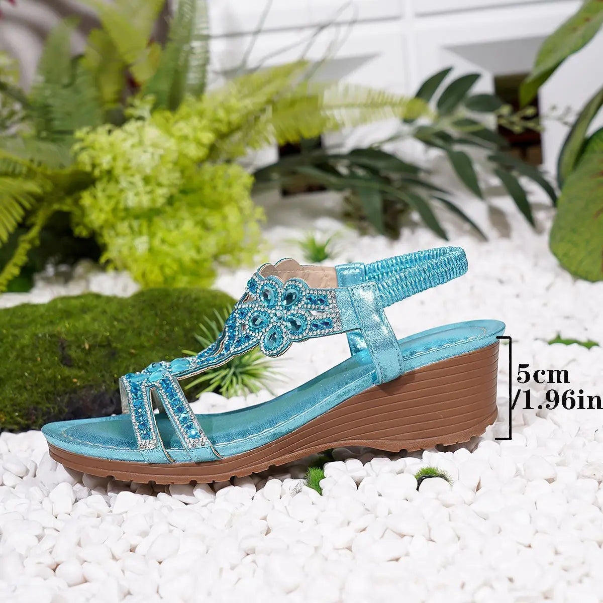 Bohemian Style Thick Heel Sandals Summer Fashion Beach Diamond Women's Shoes round Head Roman Style PU Leather Roman Sandals