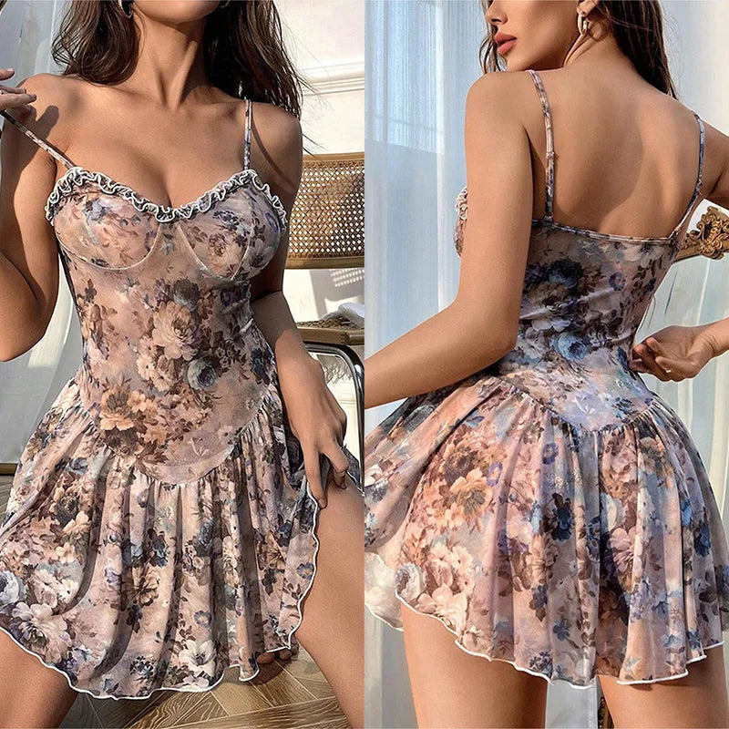 Baby doll Floral pleated camisole short skirt and nightgown Women pajama sexy lingerie for women push up adult sexy nights