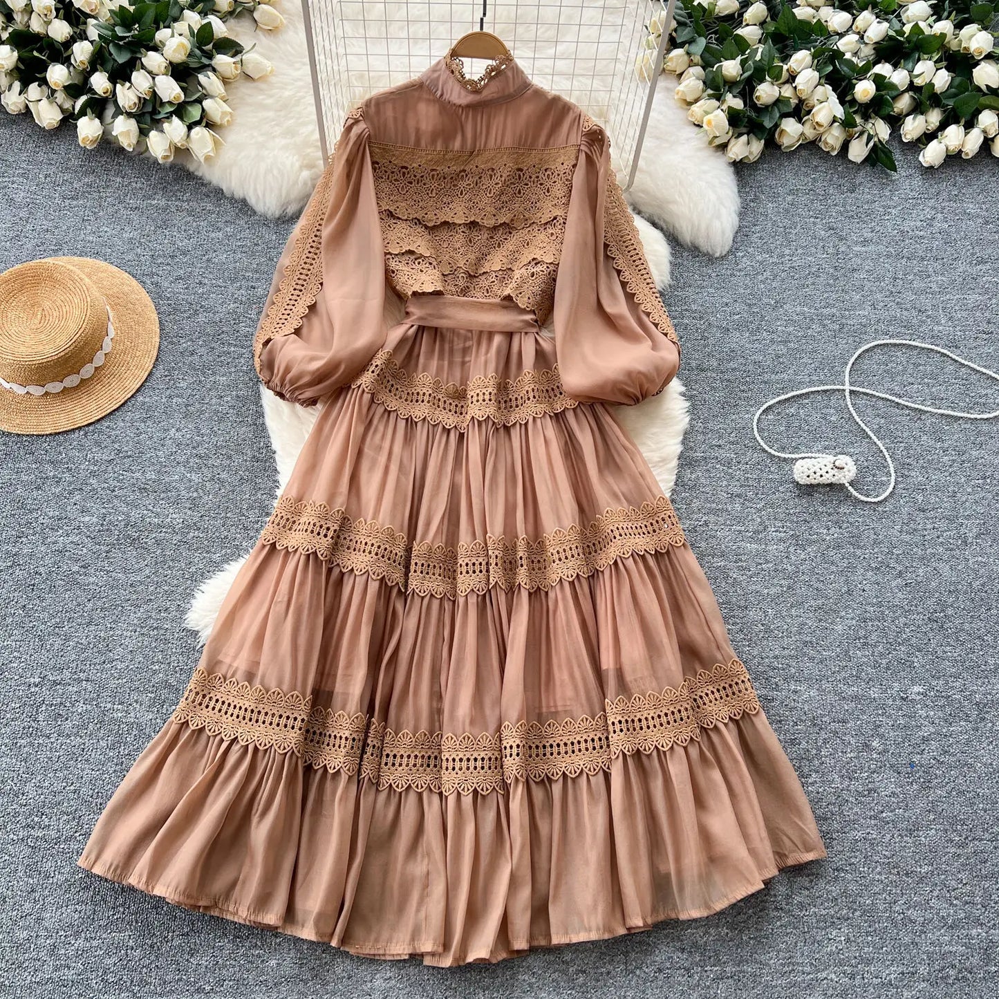 Elegant Hollow Out Organza Long Maxi Dresses Shirt Women  Layer Ruffle Full Sleeve Pearl Evening Party Dress