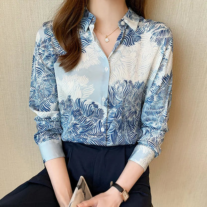 French Printed Lapel Shirt Long Sleeve Loose Mulberry Silk Top Temperament Commuting Shirt Women's Summer Style
