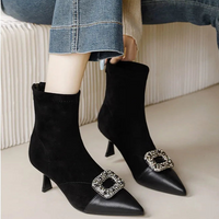 Fashionable Slim Fit Diamond Decorated Pointed Toe High Heel Bootie Mid-Calf Zipper Closure Leather Boot for Women