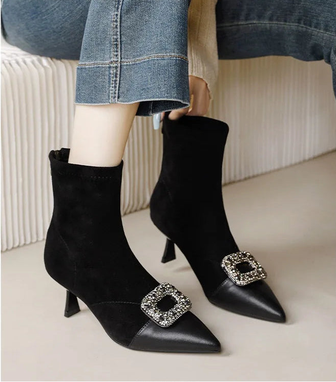 Fashionable Slim Fit Diamond Decorated Pointed Toe High Heel Bootie Mid-Calf Zipper Closure Leather Boot for Women