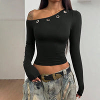 Casual Skew Collar Long Sleeve T-Shirts Women Solid Slim Pullovers Tees Shirts Female Basic Black Crop Top
