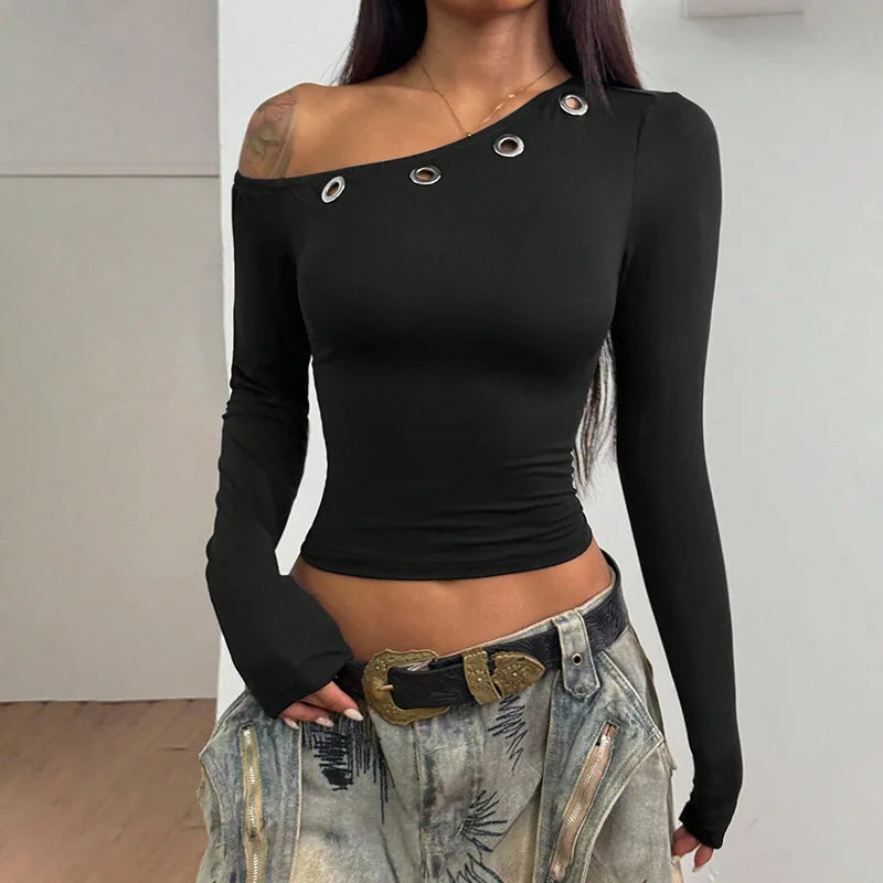 Casual Skew Collar Long Sleeve T-Shirts Women Solid Slim Pullovers Tees Shirts Female Basic Black Crop Top
