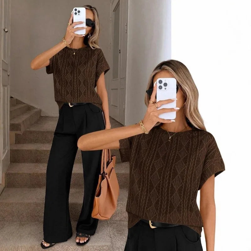 Women's Casual Round Neck Jacquard Short Sleeve Top T-shirt Leisure Commute Women Clothing