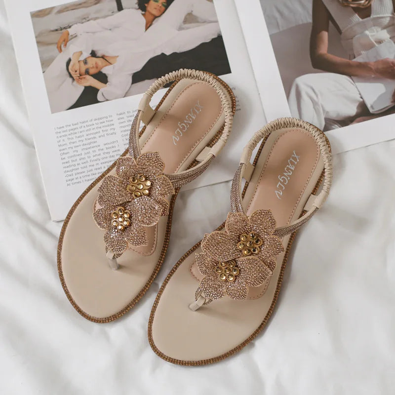 Womens Bohemian Floral Rhinestone Sandals Elegant Crystal Flower Décor Elastic Ankle Strap Soft Cushioned Insole Non Slip Sole