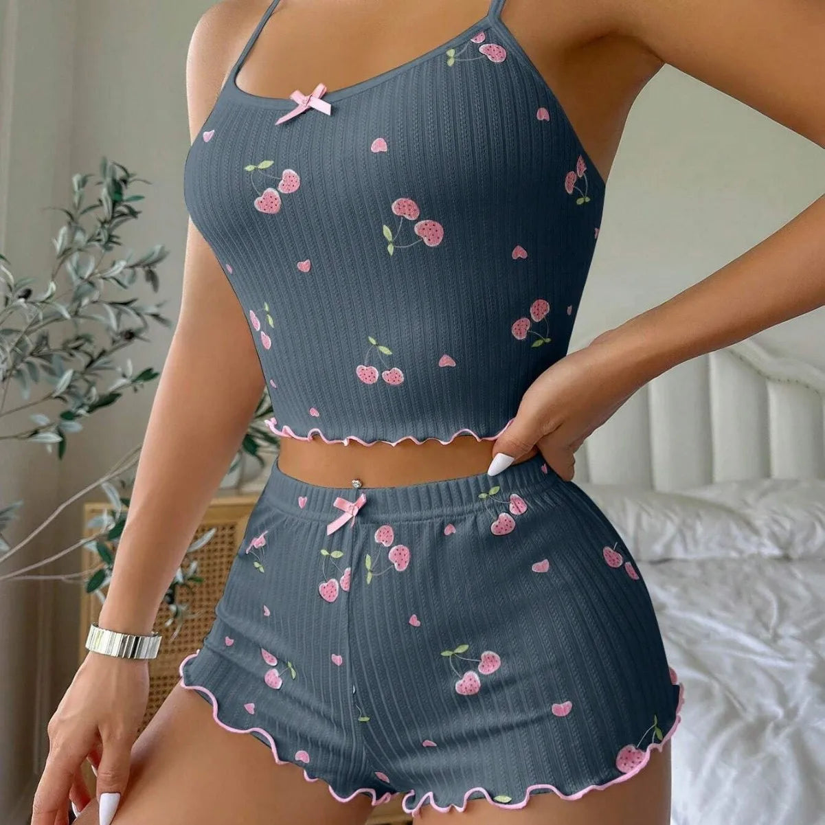 Sleepwear Women's Heart Print Sexy Strap Vest Shorts Home Clothes Set Polyester Fiber Medium Weight Sleeveless