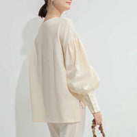 Long-sleeved T-shirt Versatile Outer Casual Top Women's Simple Lantern Sleeves Solid Color Loose Round Neck Women's shirt