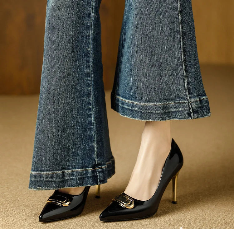 French Style Single Shoes Spring Women Pumps New Pointed Toe Shallow Mouth Metallic Buckle Commuting Shoes Stiletto Single Shoes