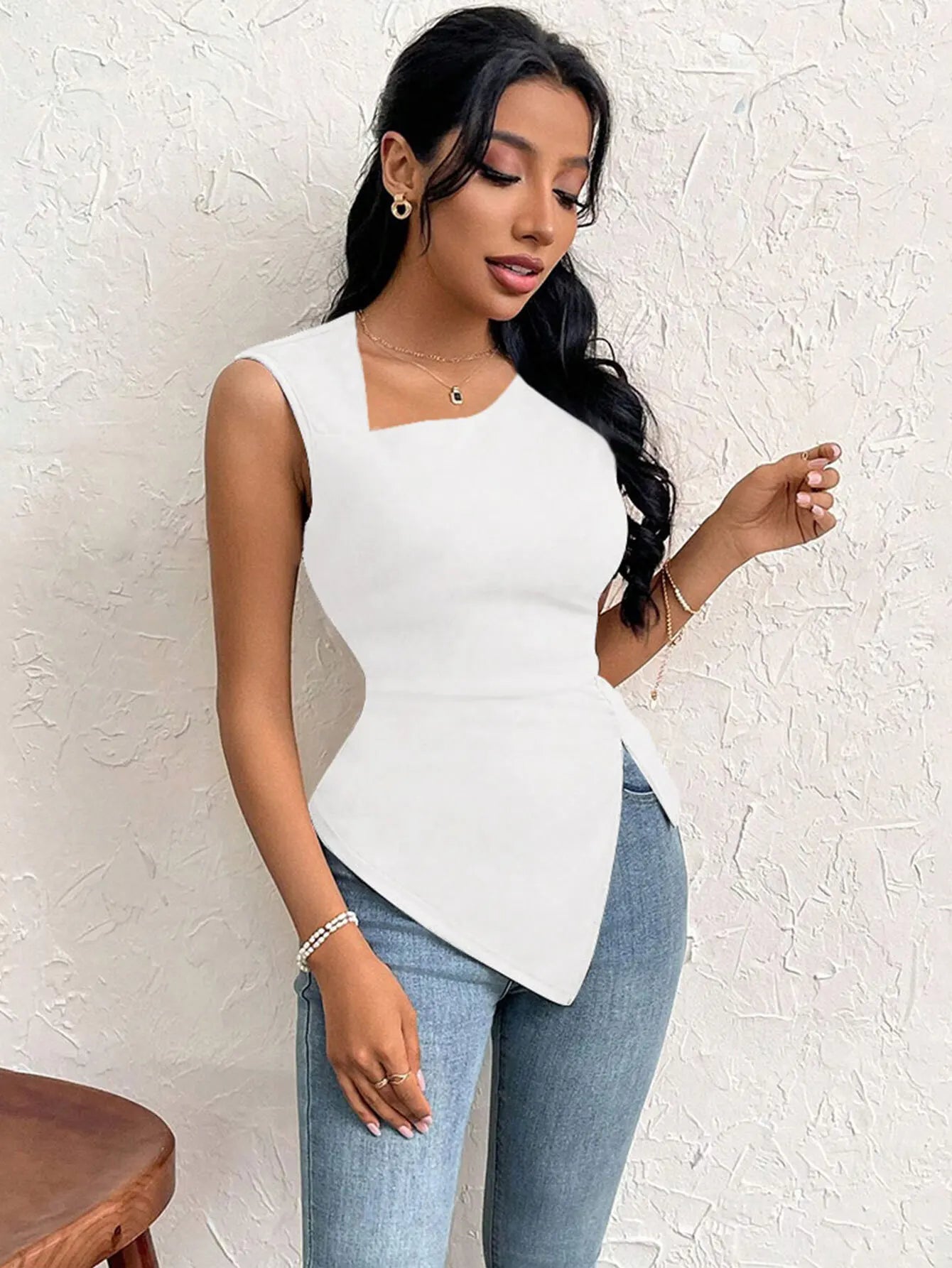 Spring Summer Elegant Stylish Daily Dating Casual Women's Sleeveless Tops Side Ruched Asymmetric Hem One-Shoulder Cut out
