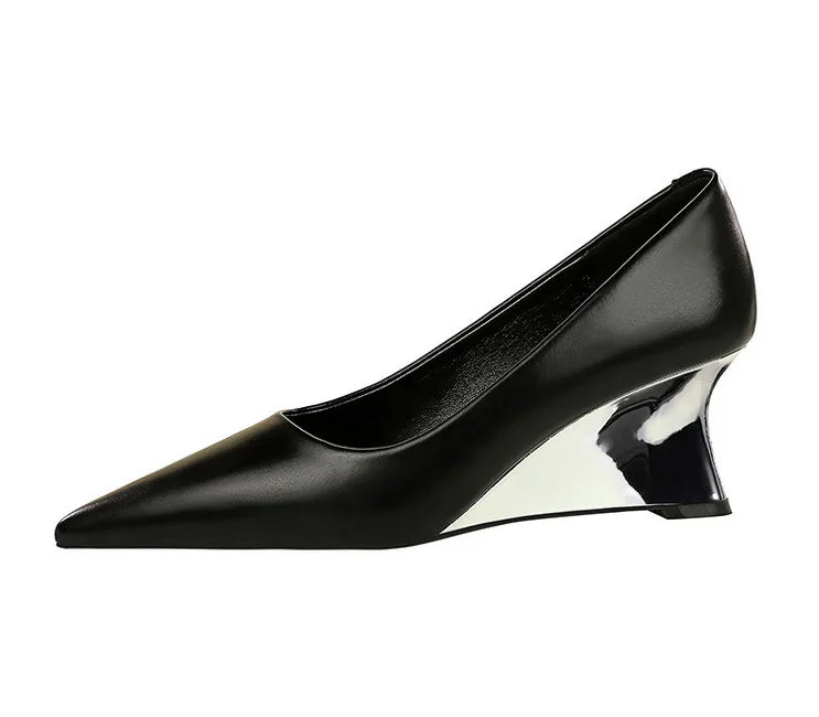 Spring Fashion Pointed Toe Pumps Woman Metal Decoration Wedges Heels Elegant Ladies Shoes