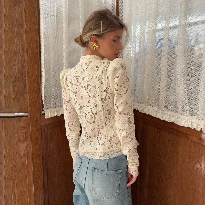 Women's 2026 Vintage White Blouse, Elegant Embroidery Puff Sleeve Hollow Out Lace Stand Collar Casual Summer Top Natalia Home Fashion    Natalia Home Fashion