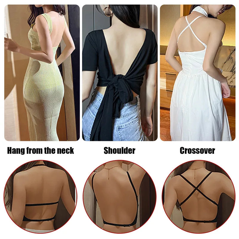 Women Invisible Bra Deep U Plunge Bras Backless Top for Dresses Sexy Lingerie with Transparent Strap Push Up Strapless Under wear