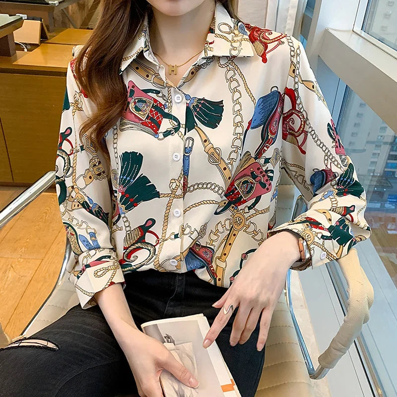 Fashion chain print ladies shirts Spring Women Blouses Long Sleeve Shirts Tops