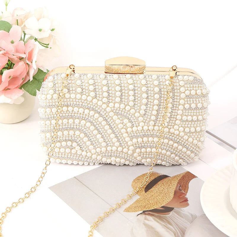 Ladies Pearl Elegant Evening Bag Fashionable Stylish Beading Wedding Dinner Party Banquet  Dress Clutch Bag with Long Chain
