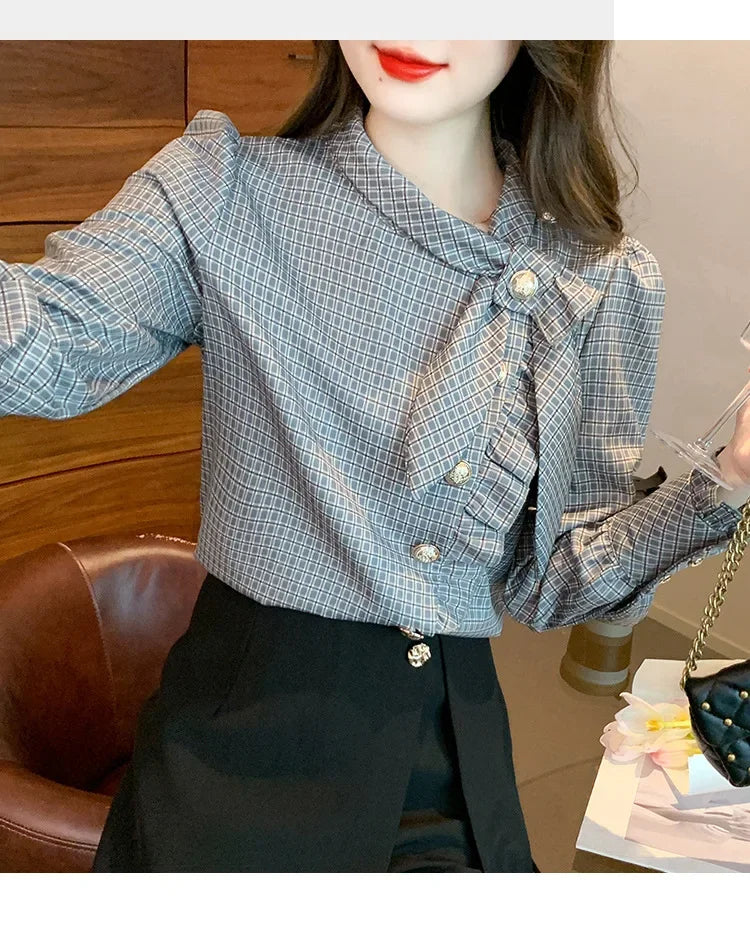 Elegant Plaid Long Sleeve Women's Shirt Vintage Design Simple Style Ageless Fashionable Top Quality Material