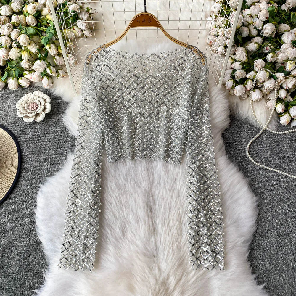 Women Plaids Sequined Embroidery Mesh Spliced T-shirt Slim High Waist Pearls Beaded Gauze Tees O-Neck Long Sleeved Crop Tops