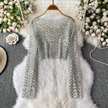Women Plaids Sequined Embroidery Mesh Spliced T-shirt Slim High Waist Pearls Beaded Gauze Tees O-Neck Long Sleeved Crop Tops