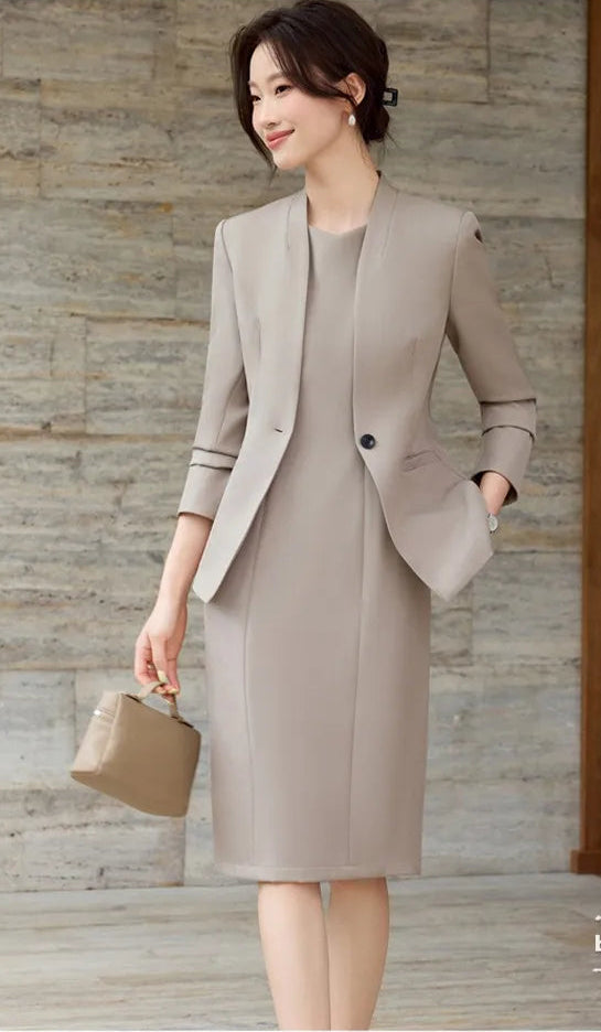 Elegant Professional Suit Dress Two-Piece Set Workwear Beauty Salon Uniform Long Sleeve Formal Outfit Polyester Fiber