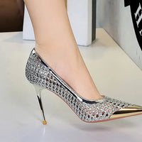 Fashion Metal Decoration Pointed Toe Pumps Woman Thin Heels Sexy Hollow Out Ladies Shoes