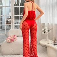 Women Pajamas Strap Lace Top Transparent Pants Sexy Lingerie Women Mesh Love Pants Camisole Halter Tops Hot Women's Night Shirts