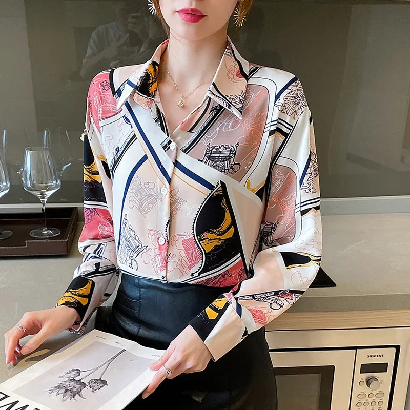 Chiffon Allover Printed Women's Blouses High Quality Long Sleeve Single Breasted Spring Summer Casual Lady Blouses