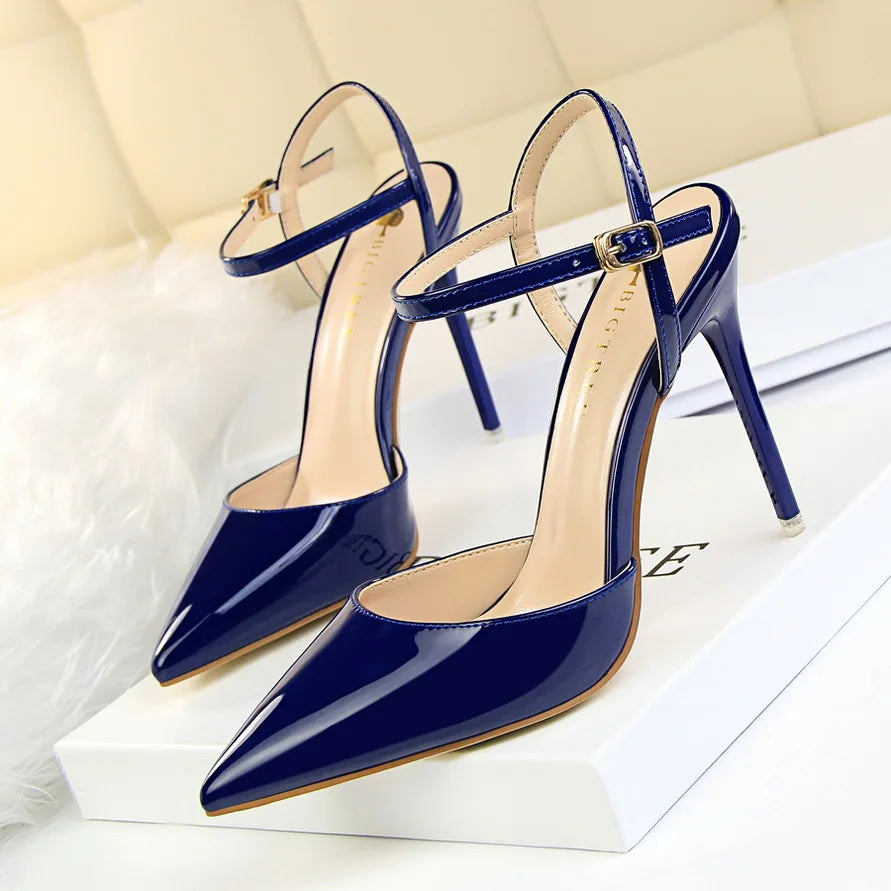 Women 10.5cm High Heels Sandals Lady Metallic Gray Patent Leather Stripper Ankle Strap Sandals Wedding Fetish Nightclub Shoes