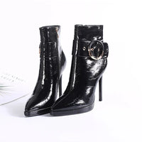Women Ankle Boots Runway Style Sexy Belt Buckle Side Zip High Heels Patent Leather Party Dress Ladies Shoes