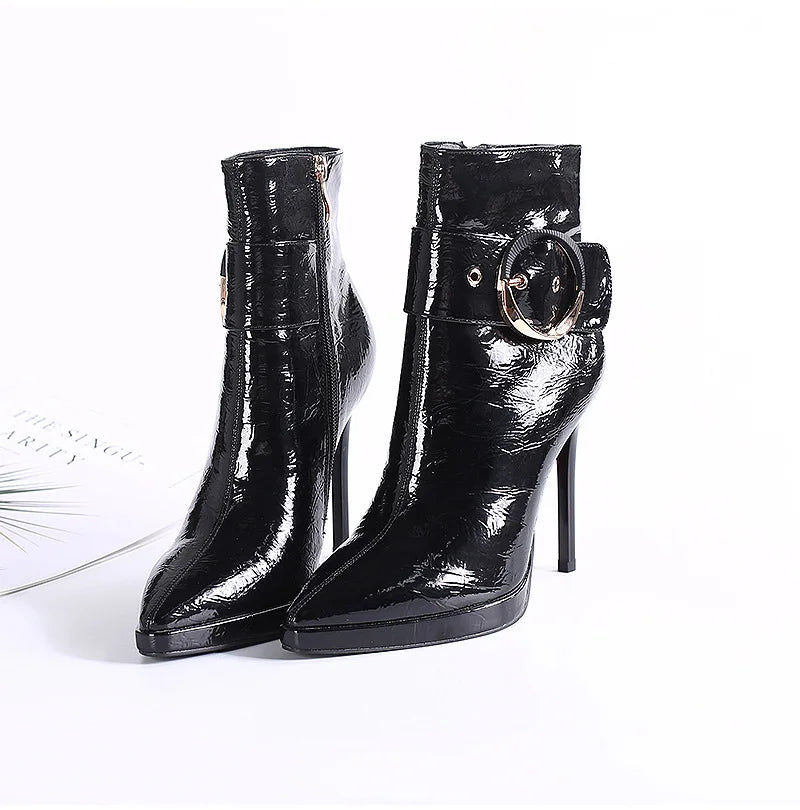 Women Ankle Boots Runway Style Sexy Belt Buckle Side Zip High Heels Patent Leather Party Dress Ladies Shoes