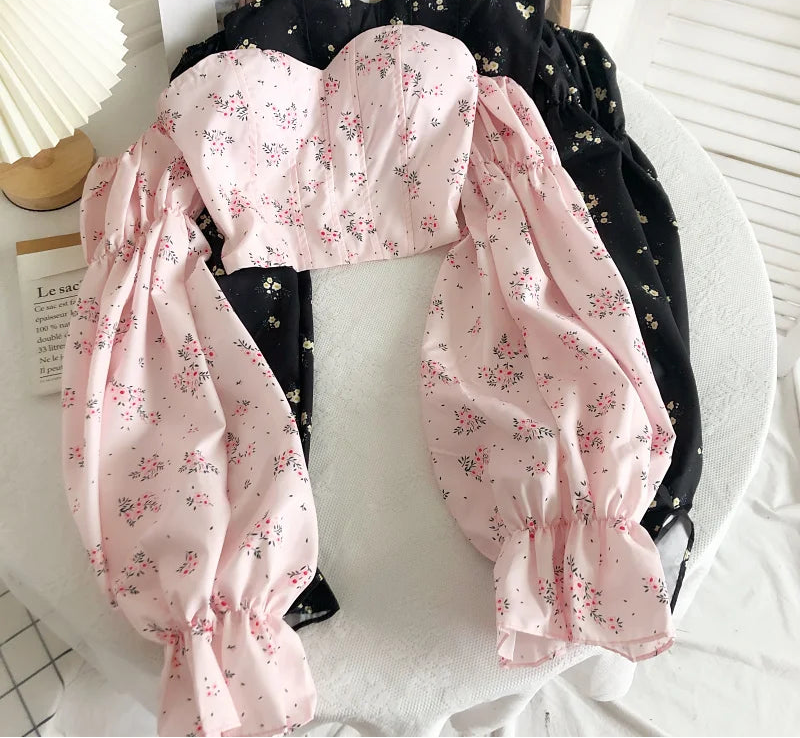 Chic Crop Tops Blouses Women Sexy Lady Slash Neck Flare Sleeve Floral Sweet Long Sleeve Crop top Shirts