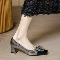 Rhinestone Camellia Flower Women's Shoes Square Toe Thick Heels 5cm Ladies Pumps Party Shoes