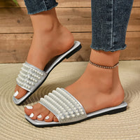 Women Luxury Pearl Slippers Square Toe Beach Flat Sandals Comfortable Non Slip Slippers  Slides Women