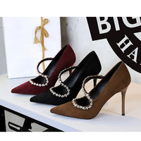 Banquet Pointed Toe High Heels Diamond Chain One-Strip Thin Heel Super High Heels Light Mouth Elegant Lace-Up