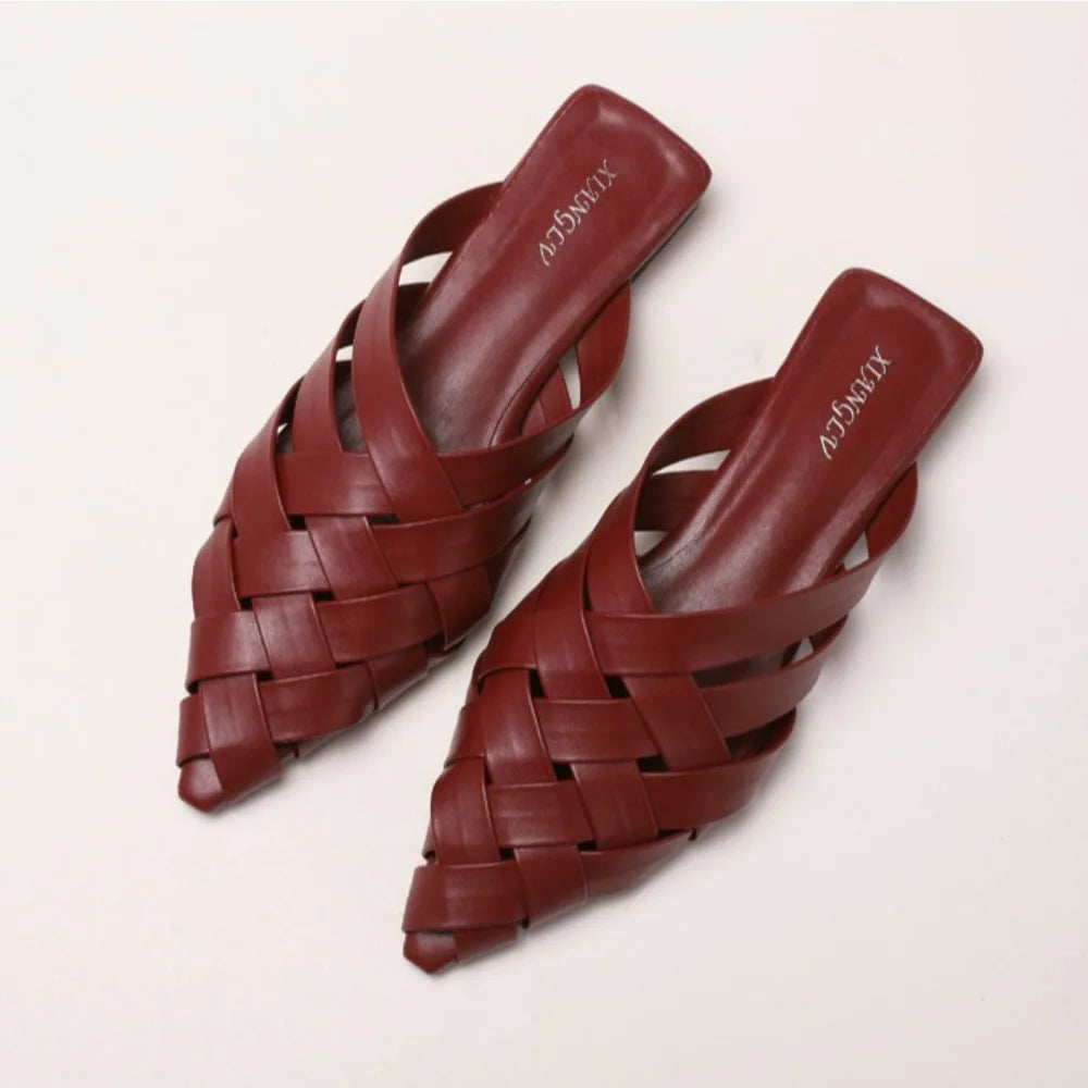 Hollow Woven Pointed Cool Slippers Women's Summer Thick Heel Outer Wear Bag Head Half Slippers Women Sandals