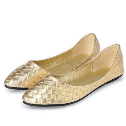 Ladies Ballet Flats Weaving Gold Silver Shoes Pointed Toe Breathable Slip-Ons Summer