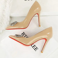 Banquet Pointed High Heels, Shallow Metal Rhinestone Thin Heel Patent Leather High Heels