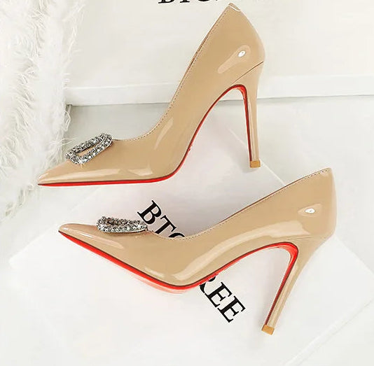 Banquet Pointed High Heels, Shallow Metal Rhinestone Thin Heel Patent Leather High Heels