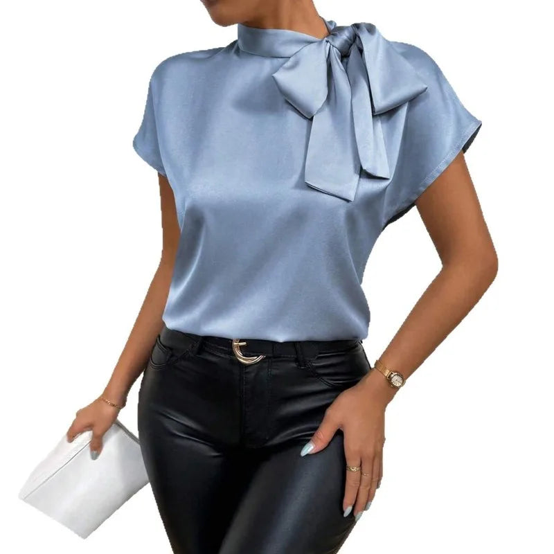 Women's Satin Short-Sleeve Blouse with Tie Collar Large Bow
