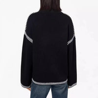 Women's Loose Long Sleeve Crew Neck Knitted Sweater Thickened Polyester Fiber Pure Color Tassel Knitwear