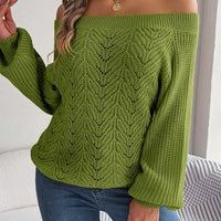 Casual Fashion Solid Color Hollow Out Sweater Off Shoulder Lantern Sleeve Knitted Pullover Women Clothes