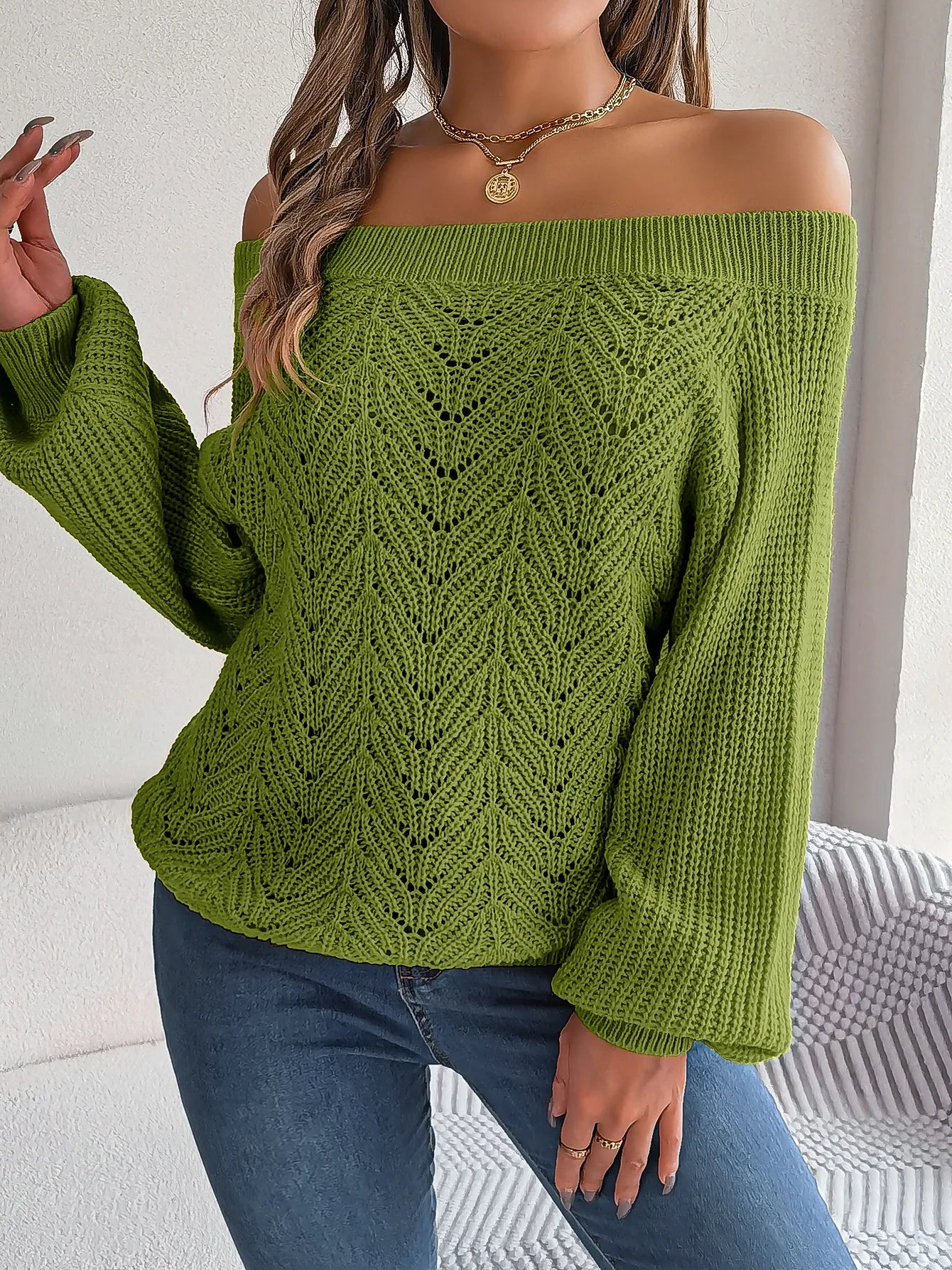 Casual Fashion Solid Color Hollow Out Sweater Off Shoulder Lantern Sleeve Knitted Pullover Women Clothes