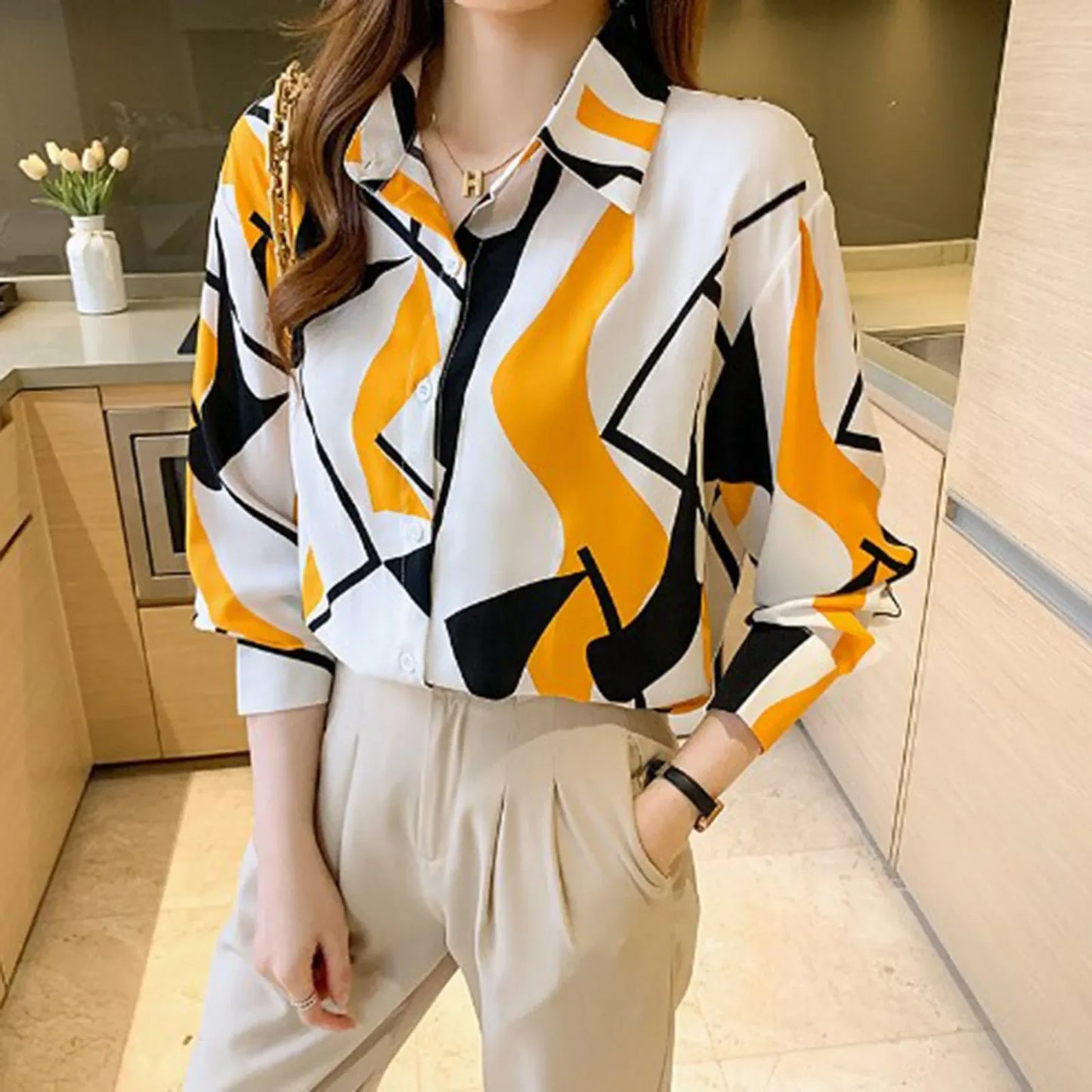 Women Temperament Print Shirt Long Sleeve Fashion Loose Shirts Ladies Lightweight Work Blouse