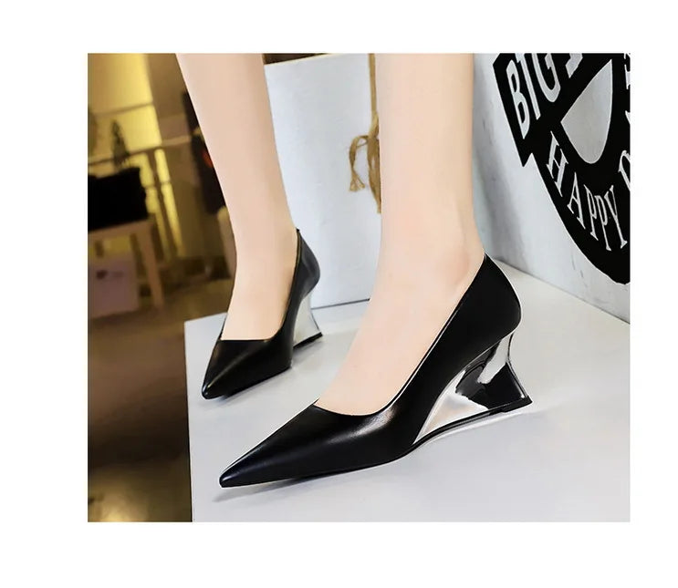 Spring Fashion Pointed Toe Pumps Woman Metal Decoration Wedges Heels Elegant Ladies Shoes