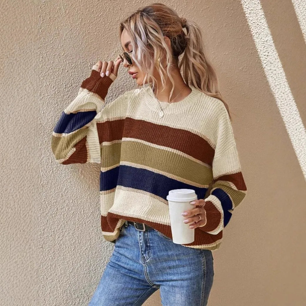 Women's Winter Clothing Oversized Striped Round Neck Ribbed Casual Sweater for Women Women's And Female Clothing Women's Winter Natalia Home Fashion    Natalia Home Fashion