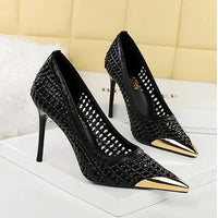Fashion Metal Decoration Pointed Toe Pumps Woman Thin Heels Sexy Hollow Out Ladies Shoes