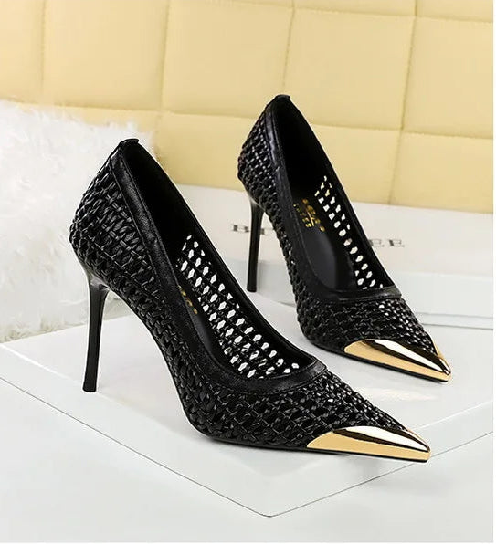 Fashion Metal Decoration Pointed Toe Pumps Woman Thin Heels Sexy Hollow Out Ladies Shoes