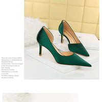 Shoes Woman Pumps Pointed Toe Shallow High Heels Snakeskin Satin Thin Heel Sandals Stiletto Party Shoes